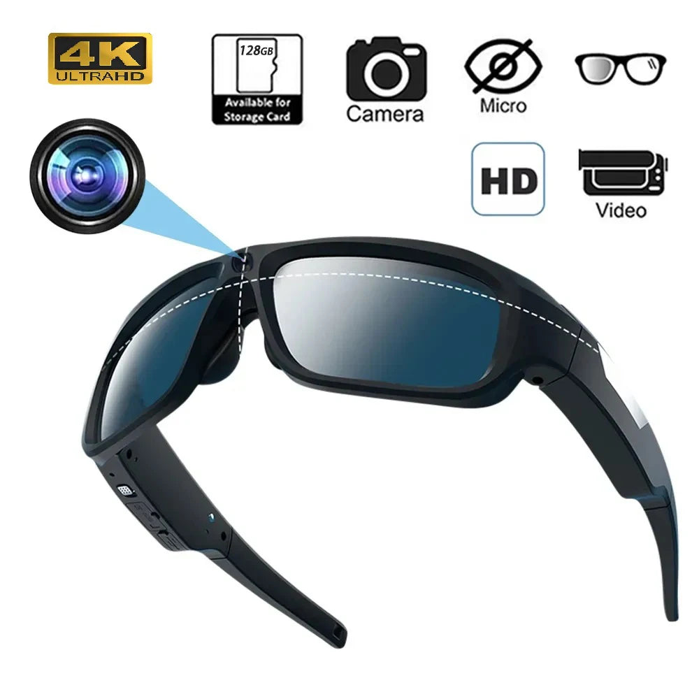 Black plastic sunglasses with an integrated 4K camera and internal micro SD card storage slot.