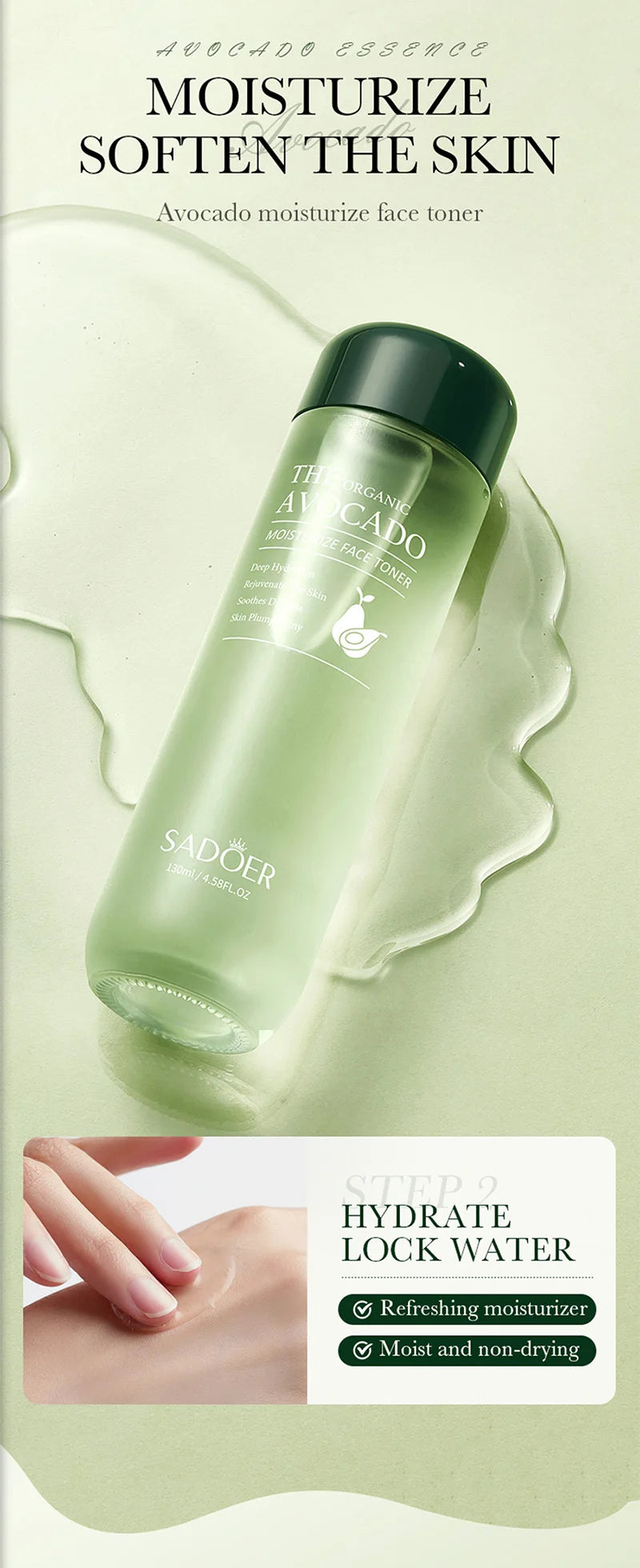 Clear bottle of avocado face toner with a green cap, featuring hydrating, moisturizing, and skin-softening benefits.
