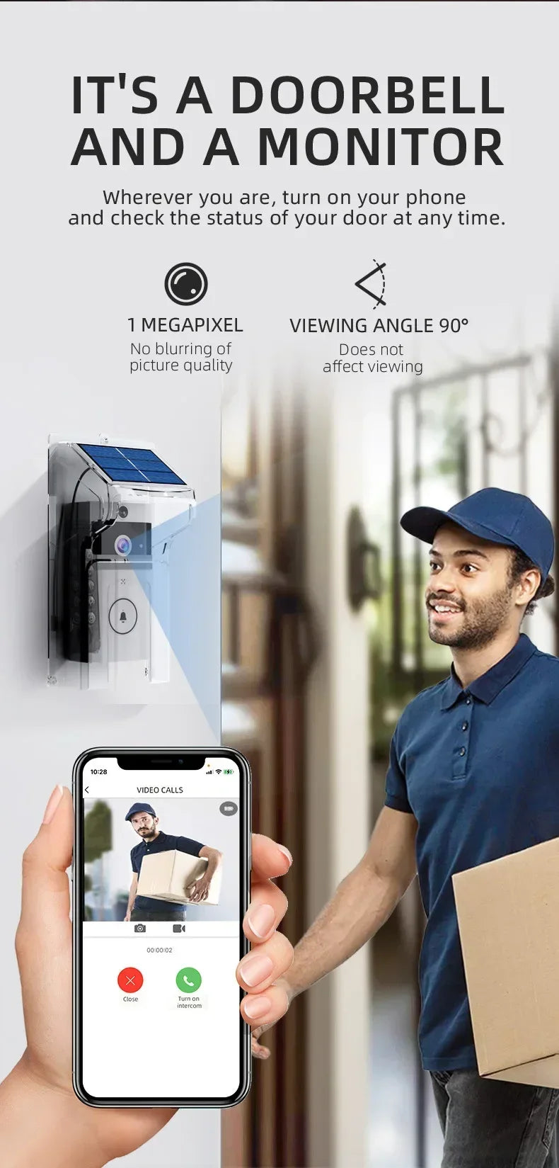 White, wireless, solar-powered video doorbell with integrated camera, shown via a smartphone app interface.