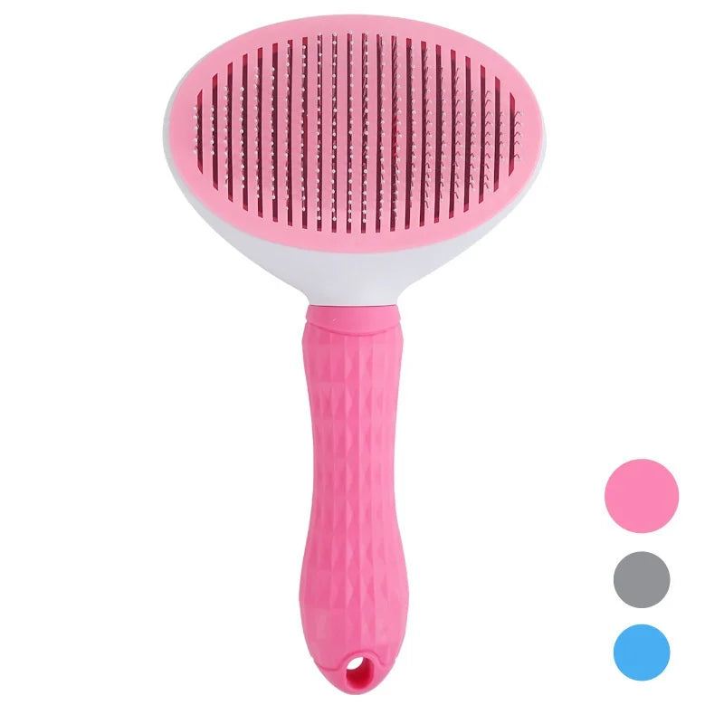 Pink oval pet slicker brush with fine metal bristles and a textured handle, plus three colour options.