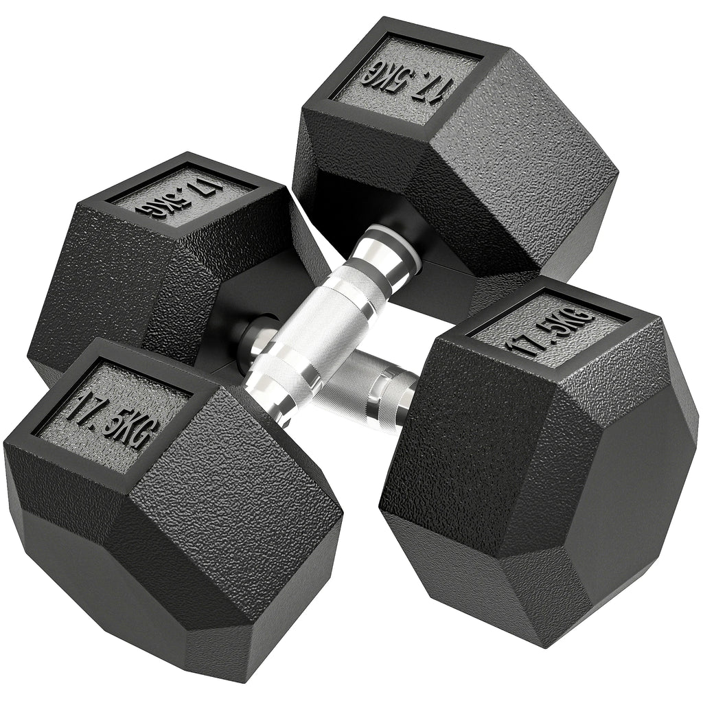 Two black 17.5kg rubber hex dumbbells with textured metal grips.