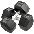 Two black 17.5kg rubber hex dumbbells with textured metal grips.