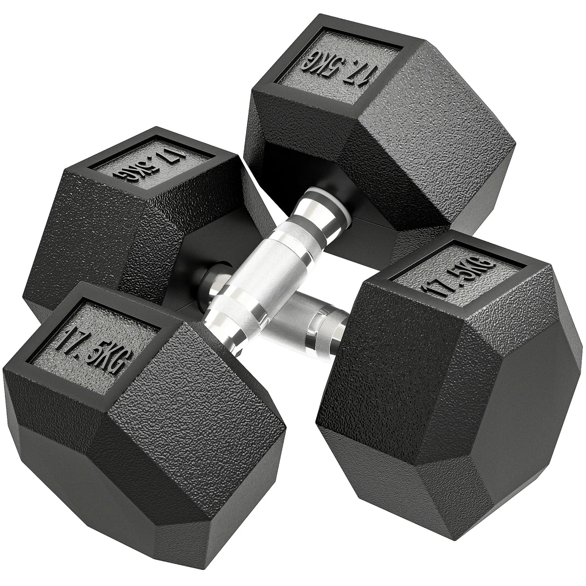 Two black 17.5kg rubber hex dumbbells with textured metal grips.