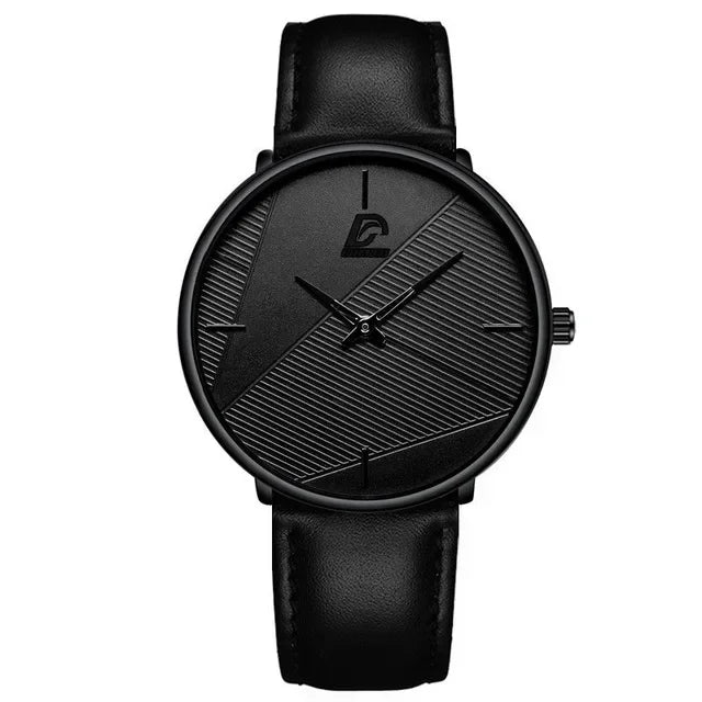 Minimalist men's ultra-thin quartz watch in all-black with a leather strap and textured dial design.