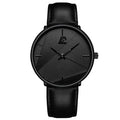 Minimalist men's ultra-thin quartz watch in all-black with a leather strap and textured dial design.