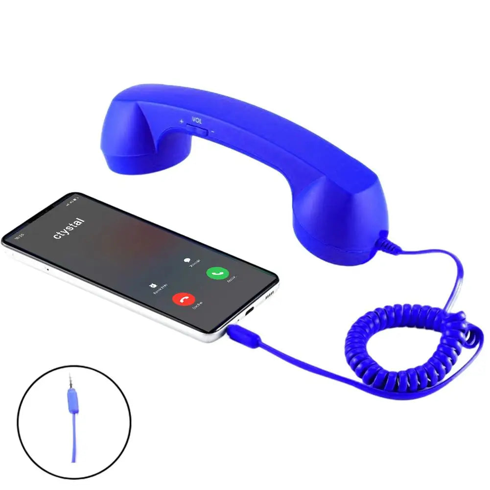 Retro blue telephone handset with coiled cord, connected to a smartphone, featuring an integrated volume control switch.