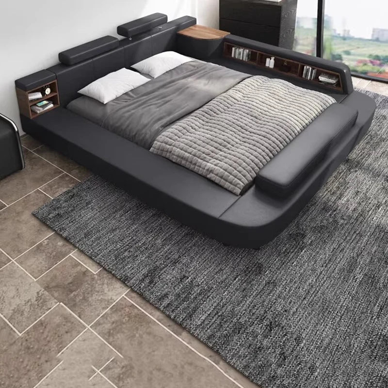 Modern black upholstered bed frame with integrated wooden shelving, built-in storage and adjustable headrests.