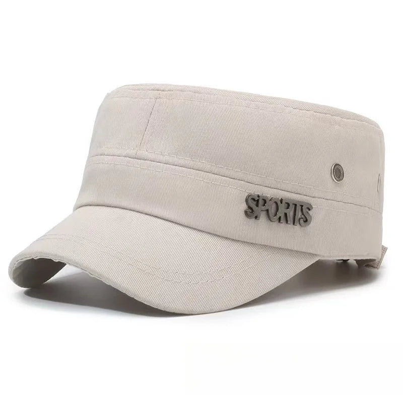 Beige unisex military-style flat cap with a curved peak, side metal detail, and a 'SPORTS' metal badge on the side.