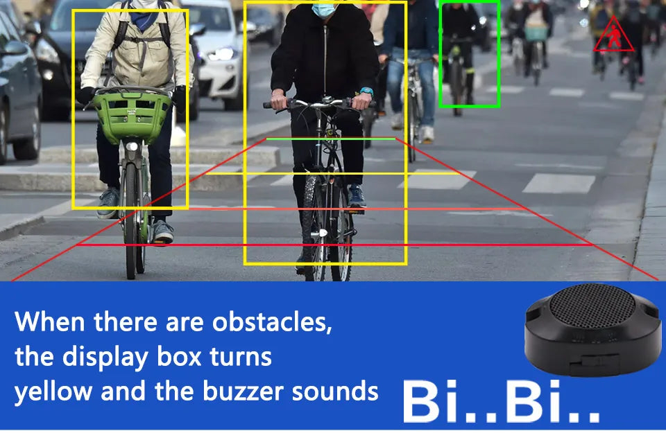 Reversing camera view showing AI obstacle detection with coloured warning boxes, overlays, and a small black buzzer.