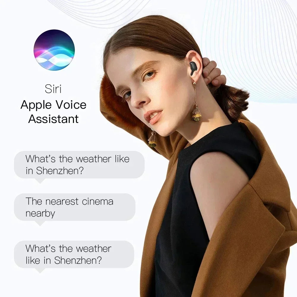 A woman wearing a sleek, black wireless earbud in her ear with a brown coat, plus text about voice assistant features.