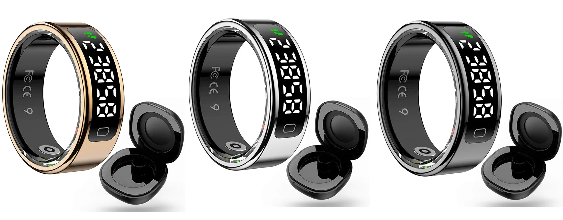 Three smart health monitoring rings in gold, silver, and black, each featuring an LED display and charging case.