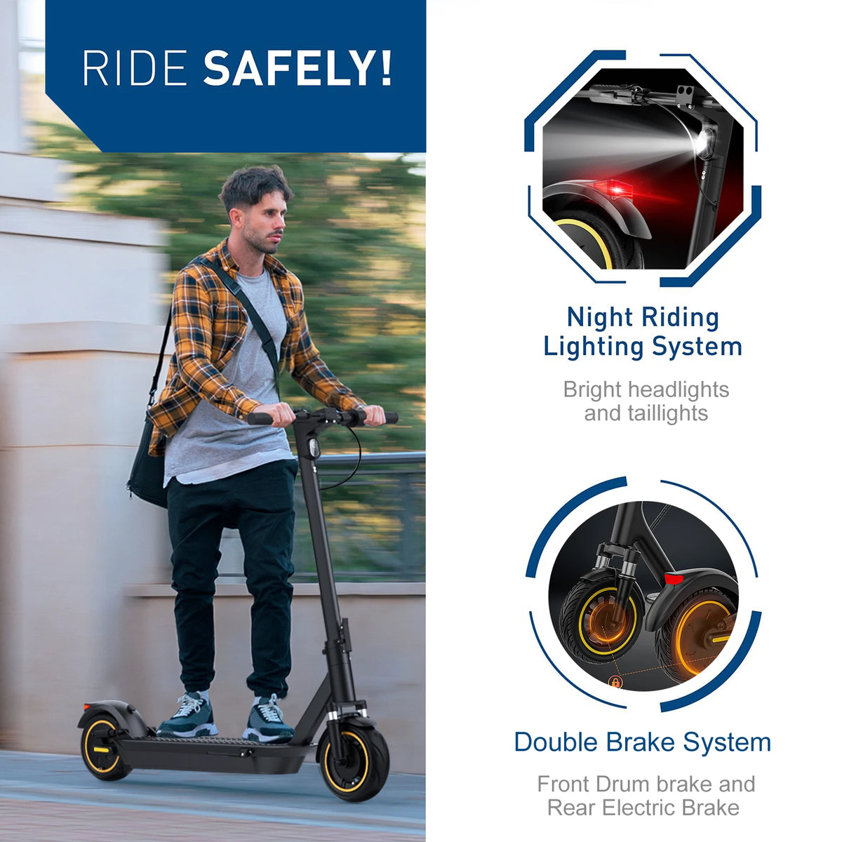 AOVOPRO black foldable electric scooter with yellow-rimmed wheels and handlebars being ridden outdoors.