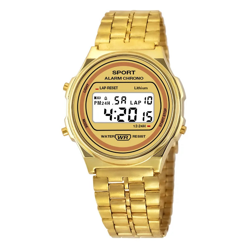Gold-tone retro style digital watch with a matching link bracelet, featuring a rectangular LED display screen.