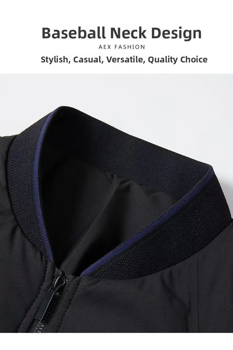 Close-up of a black men’s windproof work jacket with a ribbed baseball-style collar and a front zip fastening.