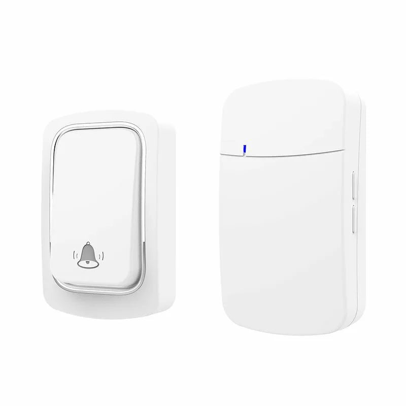 White, self-powered wireless doorbell and receiver with a modern, compact design and bell icon.