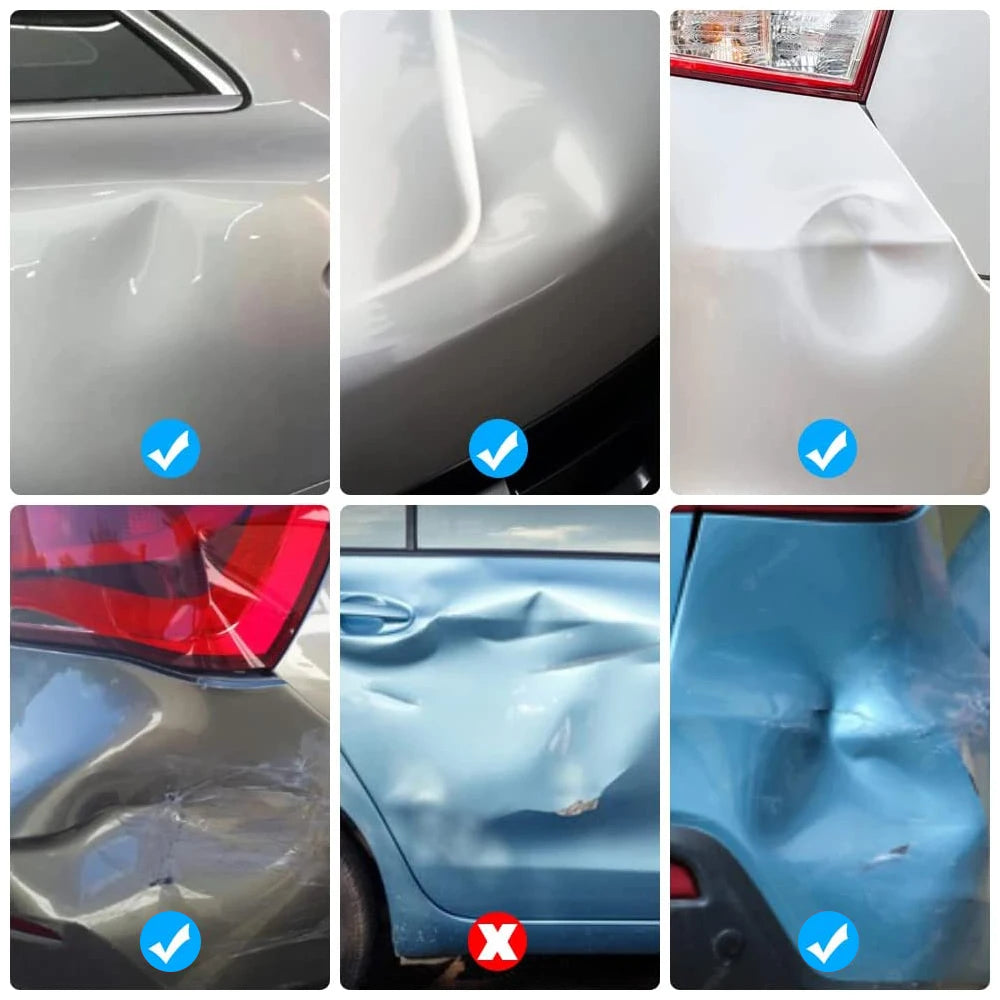 Six panels showing car dents, with blue checkmarks on fixable types and a red cross on an unfixable crease.