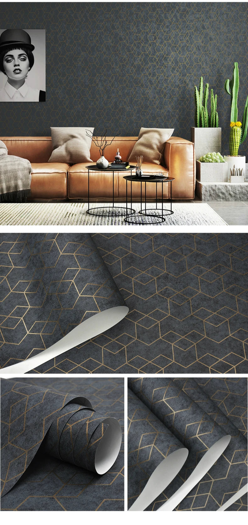 Modern dark grey wallpaper with a textured finish and gold geometric cube pattern, shown on a roll and in a room.