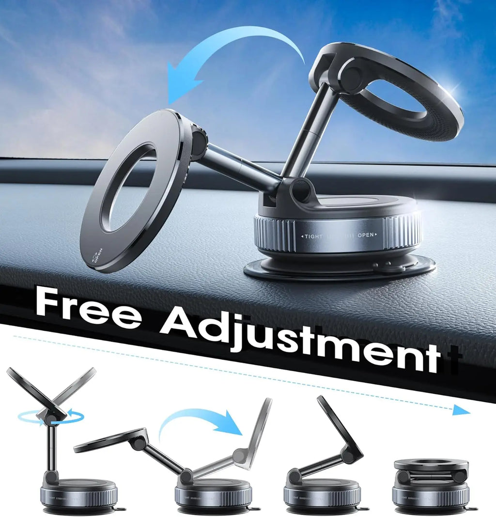 Adjustable matte black magnetic car phone mount with a rotating telescopic arm and circular base on a vehicle dash.