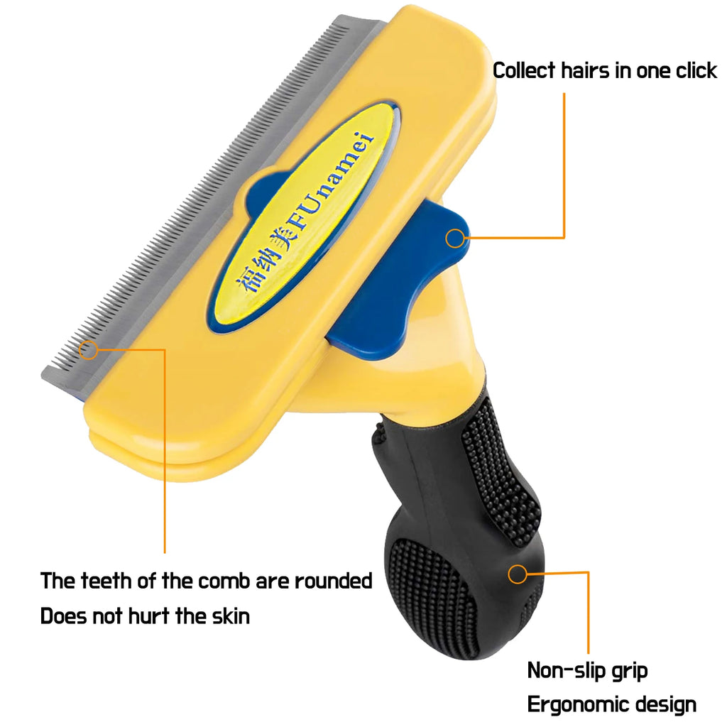 Yellow and blue pet grooming brush with a metal comb, one-click hair release button, and ergonomic black handle.