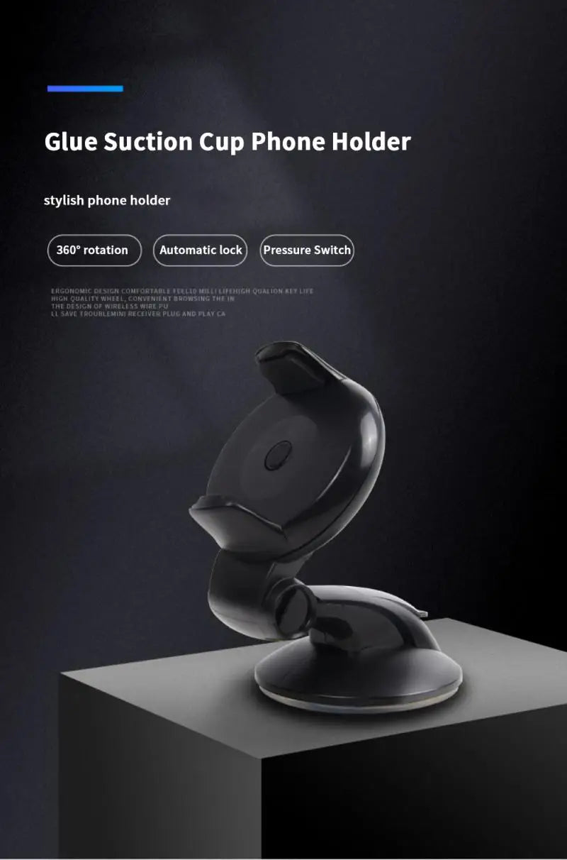 Black suction cup phone holder with 360-degree rotation, automatic locking, and pressure switch mechanism.