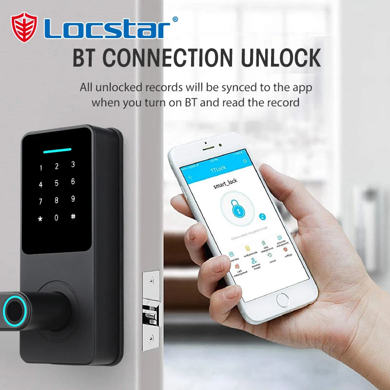 Modern matte black smart door lock with biometric fingerprint scanner, keypad and smartphone Bluetooth connectivity.