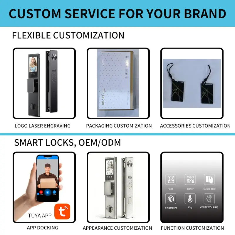 Black and silver smart locks featuring display screens, biometric scanners, and customization options.