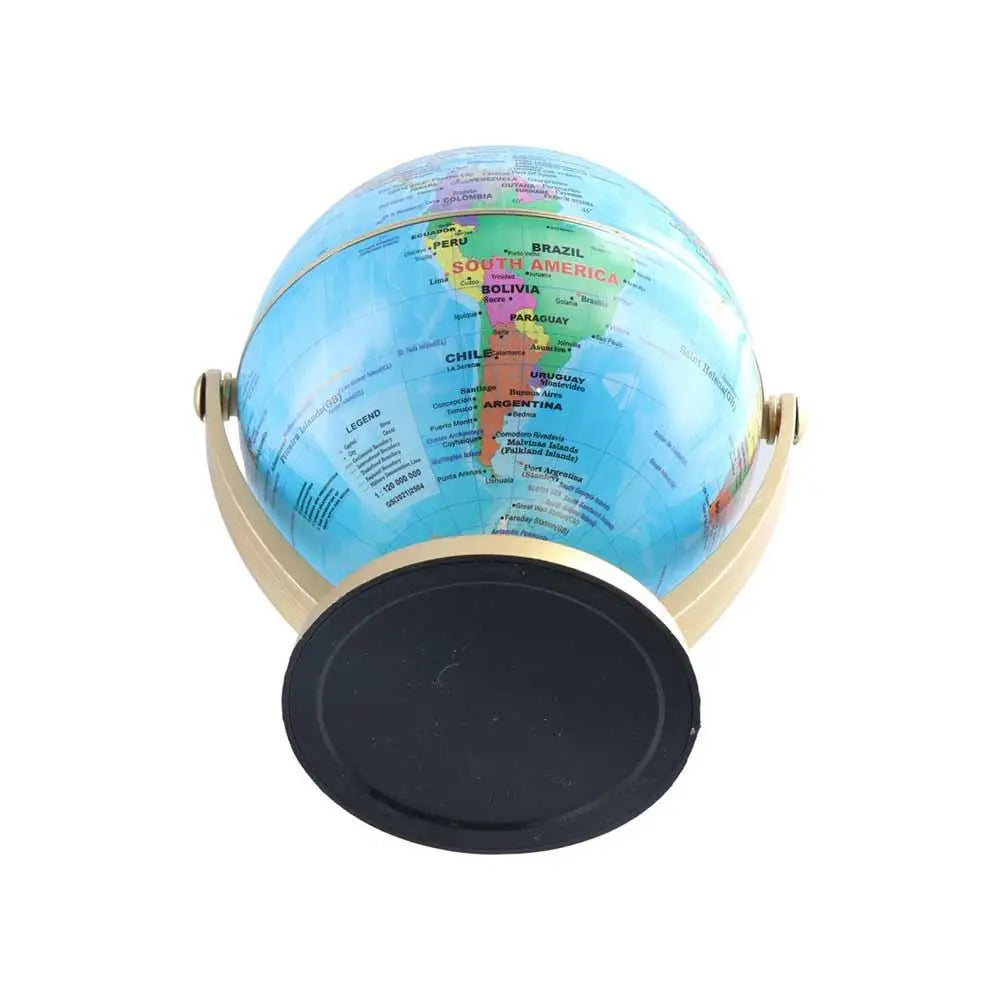 Desktop world globe with a blue map, gold-tone meridian, and round black base.