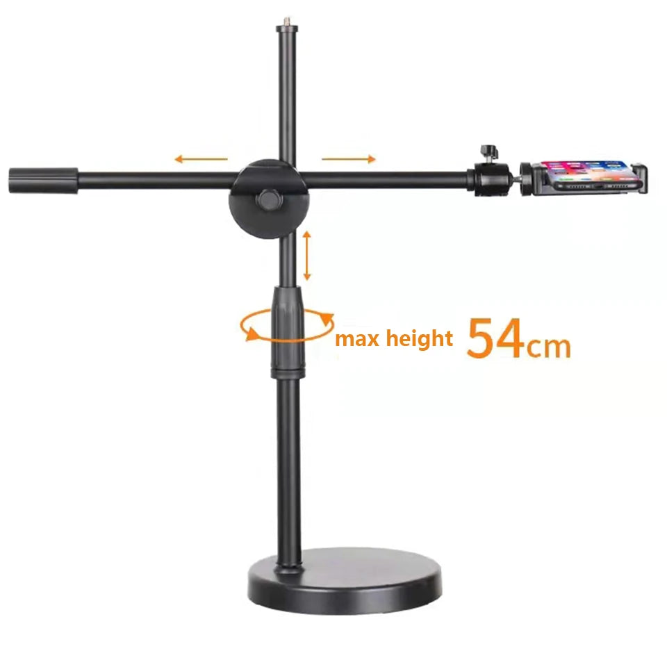 Black adjustable desktop phone stand with rotating overhead boom arm, reaching a maximum height of 54cm.