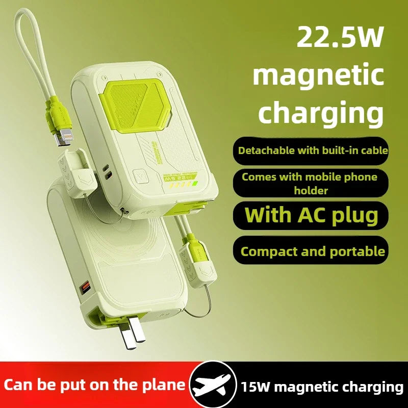 Sage green, compact 10,000mAh magnetic power bank with integrated phone stand, built-in cable, and foldable AC plug.