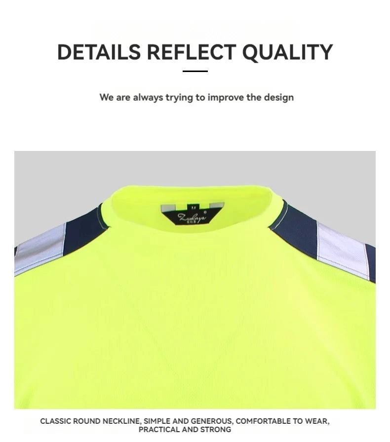 Bright yellow hi-vis work shirt featuring a round neckline and dark blue shoulder panels with reflective strips.
