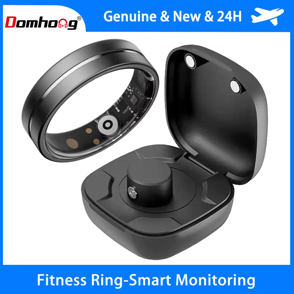 Sleek black smart fitness ring with inner sensors, displayed next to its matching magnetic charging case.