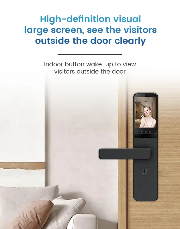Sleek matte black smart door lock with an integrated video screen displaying a visitor, mounted on a wooden door.