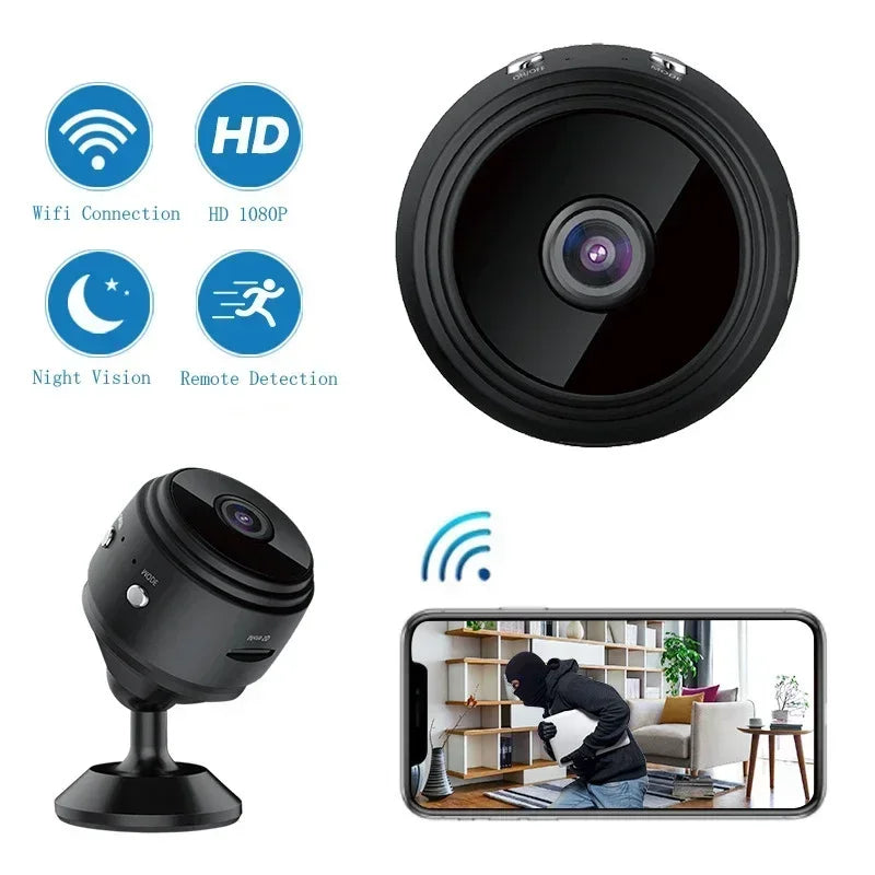 Black plastic wireless mini security camera with 1080p HD, night vision, motion detection, and app connectivity.