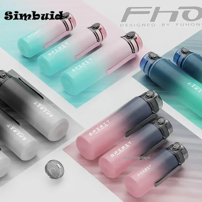 An array of colourful, frosted gradient water bottles, each featuring a 'SPIRIT' logo and a secure flip-top lid.