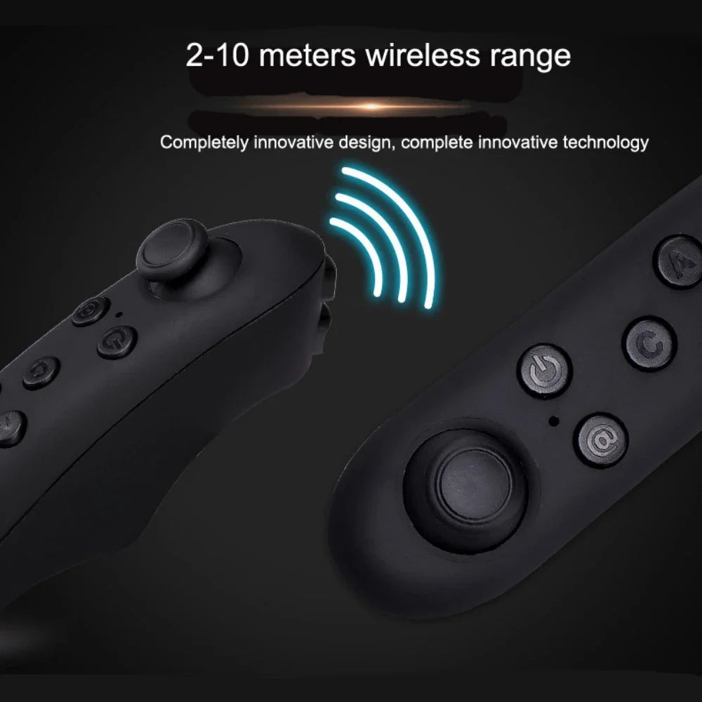 Black wireless handheld remote controller with a joystick, circular buttons, and a glowing blue signal icon.