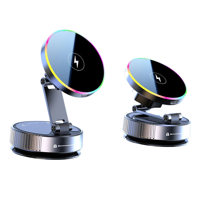Two adjustable magnetic car phone mounts in dark metal, featuring glowing RGB circular light edges and lightning icons.