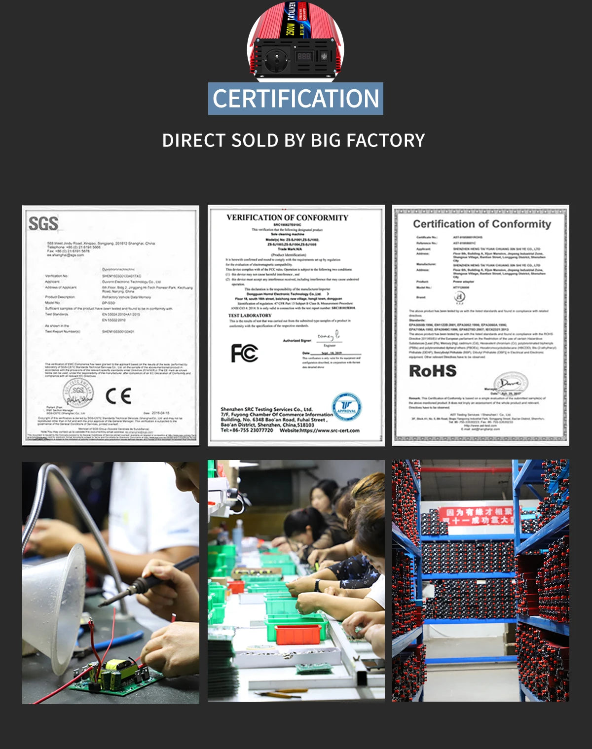 Red 3500W pure sine wave power inverter with a digital display, shown with factory certifications and assembly process.