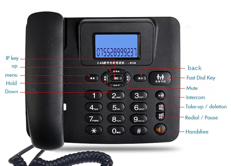 Black corded desk phone with an LCD display, numeric keypad, hands-free function, and shortcut keys.