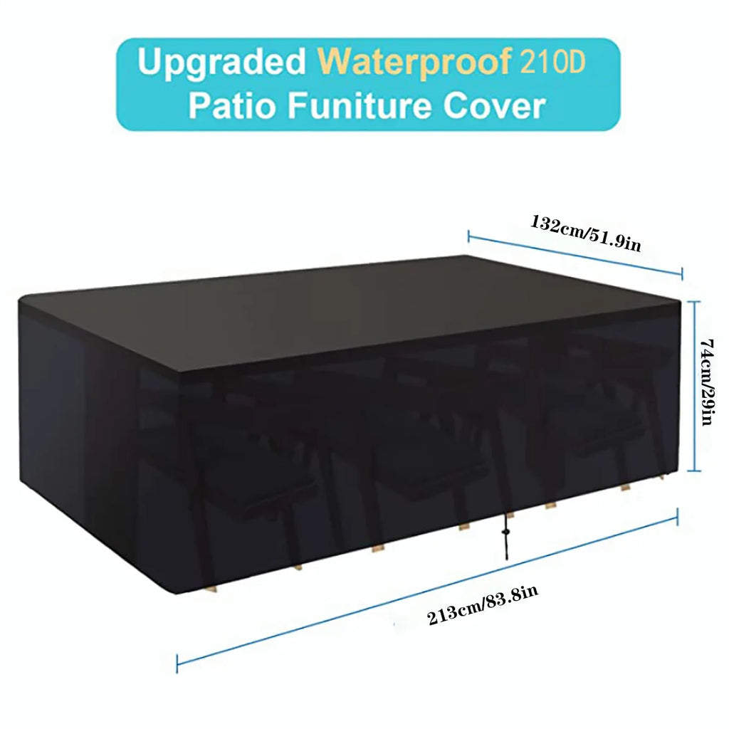 A black waterproof patio furniture cover with dimensions: 213cm L x 132cm W x 74cm H.
