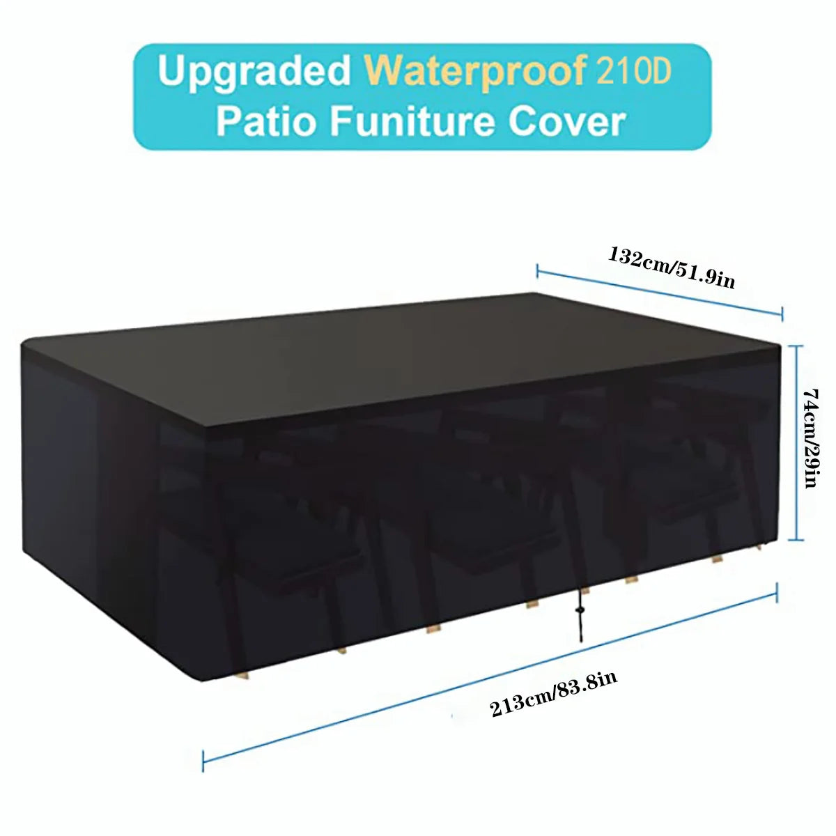 A black waterproof patio furniture cover with dimensions: 213cm L x 132cm W x 74cm H.