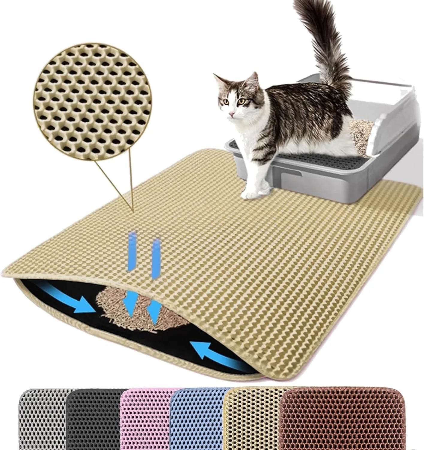 Beige double-layer honeycomb cat litter mat catching debris, shown with a cat in a litter tray and colour options.