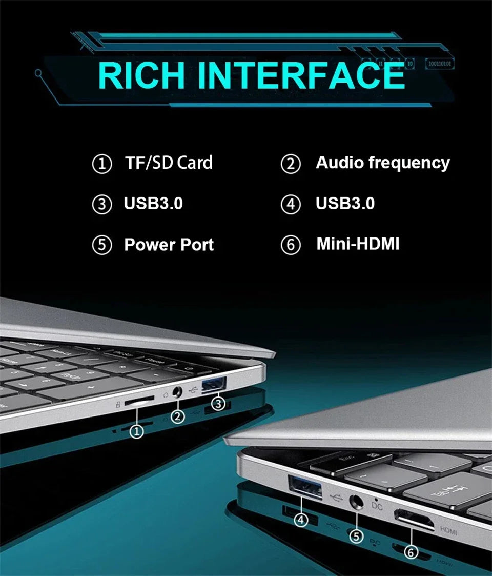 Silver 15.6-inch laptop showing side ports: SD card, audio, USB 3.0, power, and mini-HDMI.