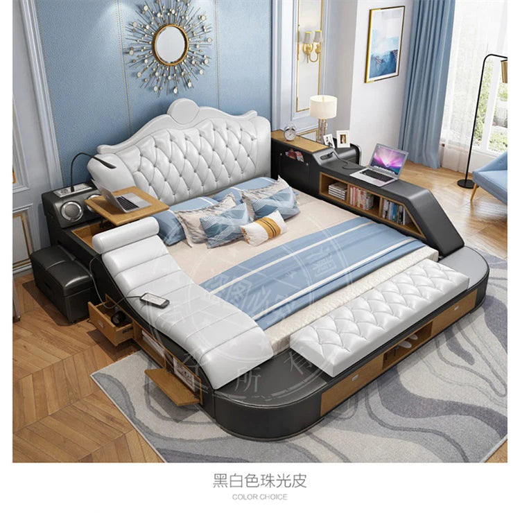 Modern black and white faux leather storage double bed with button-tufted headboard, side shelving, and integrated desk.