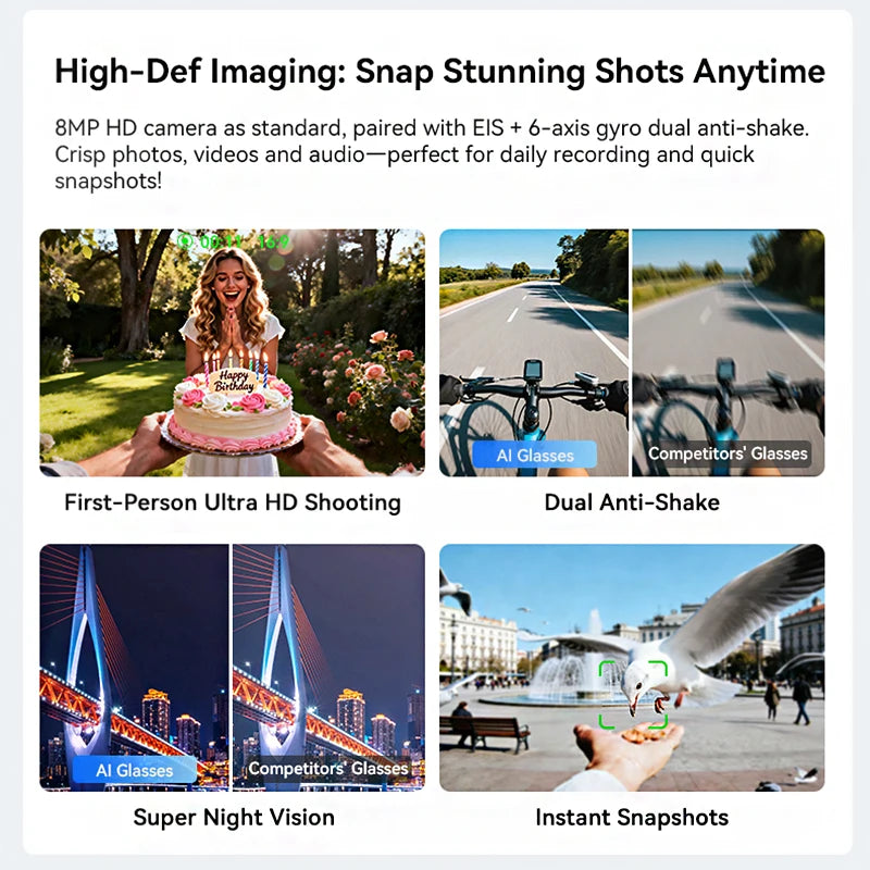 Black smart recording glasses featuring HD camera, image stabilisation, and night vision for hands-free photography.