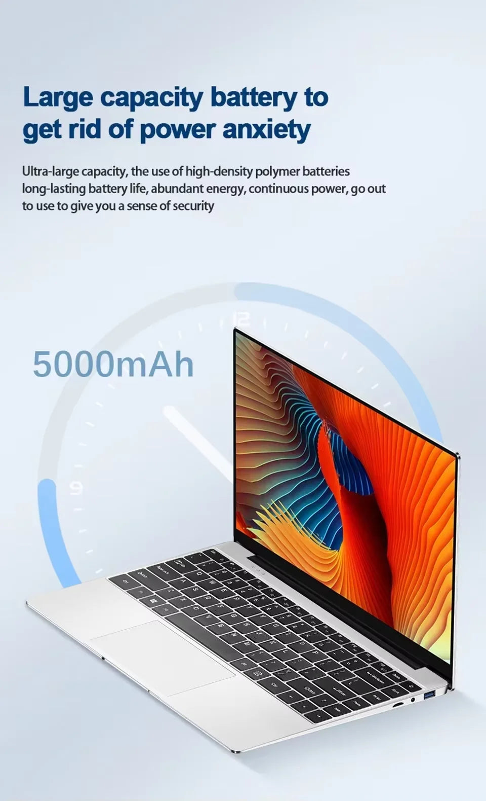 Slim, silver 14.1-inch laptop with a black keyboard and high-capacity 5000mAh battery for long-lasting power.