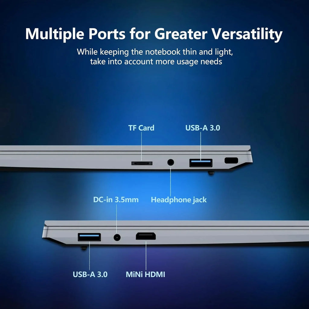 Silver 15.6-inch laptop showing side ports: USB 3.0, TF card, 3.5mm DC-in, headphone jack, and mini HDMI.