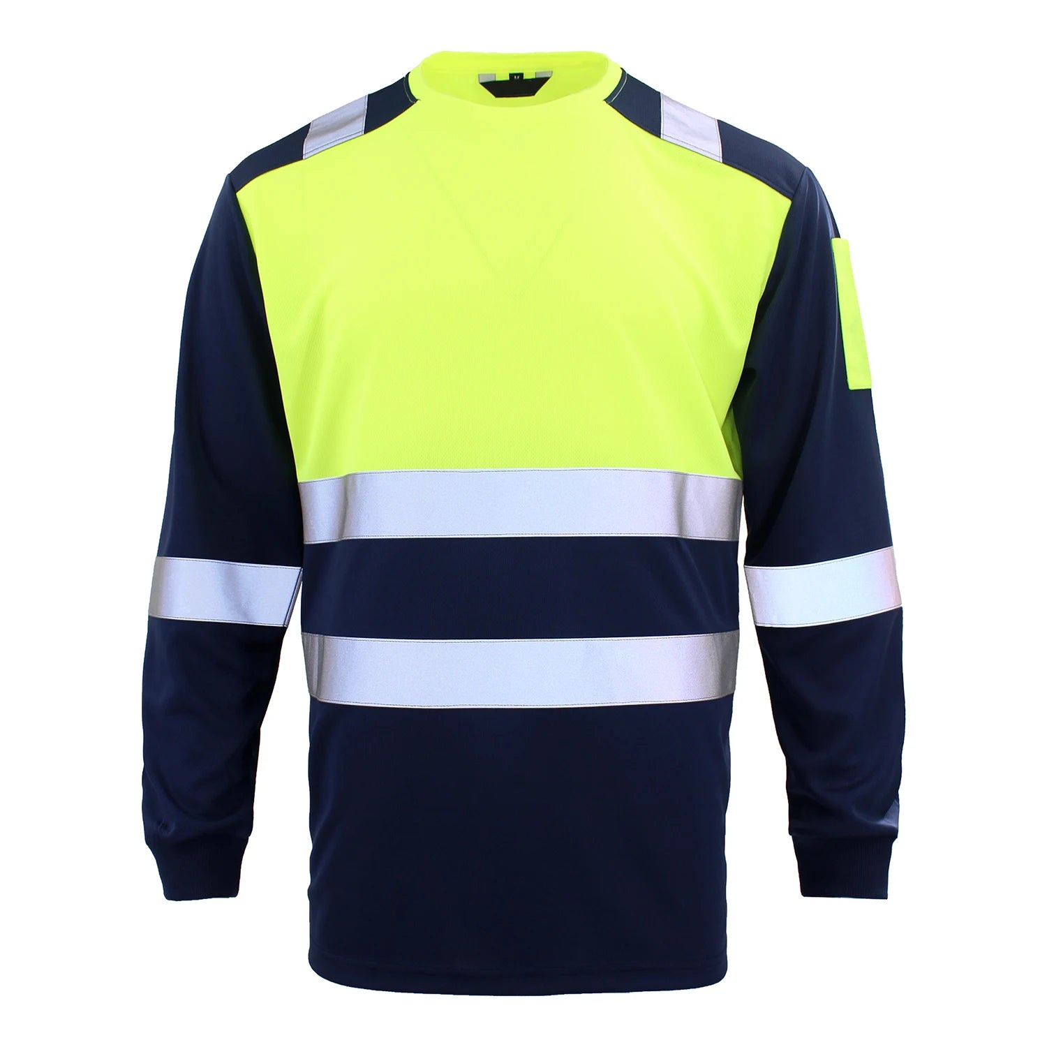 Men's long-sleeve hi-vis work shirt in navy and neon yellow with reflective tape stripes and a sleeve pocket.