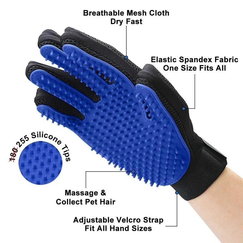 Blue and black silicone pet grooming glove with massage tips, mesh fabric, and an adjustable velcro wrist strap.