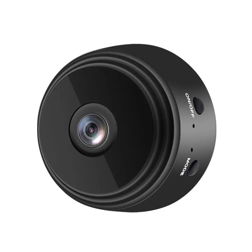 Black circular plastic mini security camera with a central lens and ON/OFF and MODE buttons on the side.