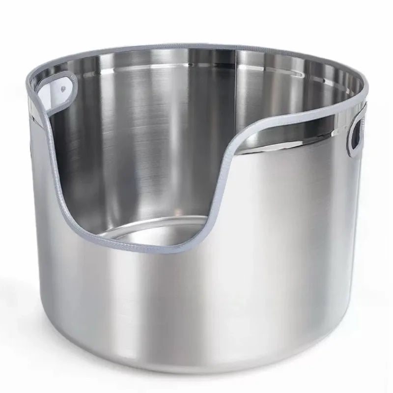 Silver stainless steel round cat litter box with high walls and a low front entry.